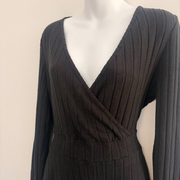 Black Ribbed Wrap Dress | Long Sleeve V-Neck | Size L - Picture 5 of 7